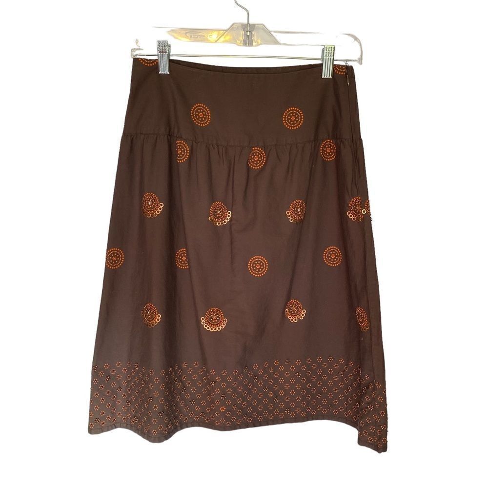 Old Navy Boho Beaded Brown A-line Skirt, size 0, 100% cotton, orange beading
